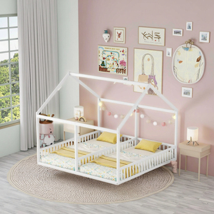 Lit double pour enfants <span class=keywords><strong>2</strong></span>-en-1 Cadre de lit en bois massif Cabine Clôture de sécurité Salle à manger MDF Sommier à lattes en bois blanc (<span class=keywords><strong>Matelas</strong></span> non inclus) - Product Image 1