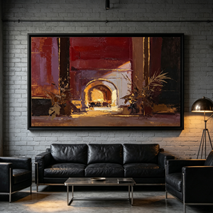 <span class=keywords><strong>Peinture</strong></span> intérieure Art Déco impasto peinte à la main, cheminée en pierre lumineuse, finition délicate en feuille d'or, tons riches de prune bordeaux et bleu - Product Image 1
