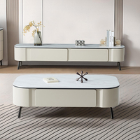 Meuble TV Minimaliste Moderne avec Surface Microcristalline Style Crème, Ensemble Meuble TV et Table Basse pour Salon