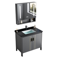 Meuble de salle de bain autoportant en aluminium gris spatial avec lavabo en céramique monobloc et plan de toilette intégré