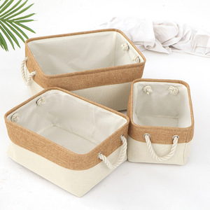 Foldable Canvas Storage Basket <b>Rectangle</b> Two-Tone Solid Color With Rope Handles For Bedroom Organizing - Product Image 3