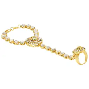 Gold Plated Crystal Kundan Finger Ring Link Chain Hand Harness Slave Jewelry Bracelet for Engagement