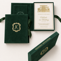 Boîtes d'invitation de mariage en velours avec monogramme et croquis de villa en feuille d'or personnalisée, carte RSVP, invitations de mariage élégantes et luxueuses