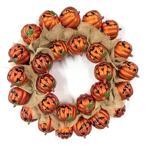 Handgemaakte Festival Decoratie 16 Inch Halloween Pompoen Krans Halloween Met Plastic Pompoen Linnen