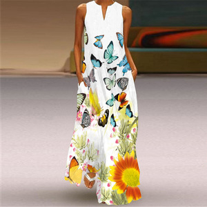 Maxi <span class=keywords><strong>abito</strong></span> floreale con stampa a farfalla da donna <span class=keywords><strong>estivo</strong></span> senza maniche con scollo a V da donna ampio <span class=keywords><strong>abito</strong></span> lungo <span class=keywords><strong>estivo</strong></span> <span class=keywords><strong>taglie</strong></span> <span class=keywords><strong>forti</strong></span> - Product Image 1