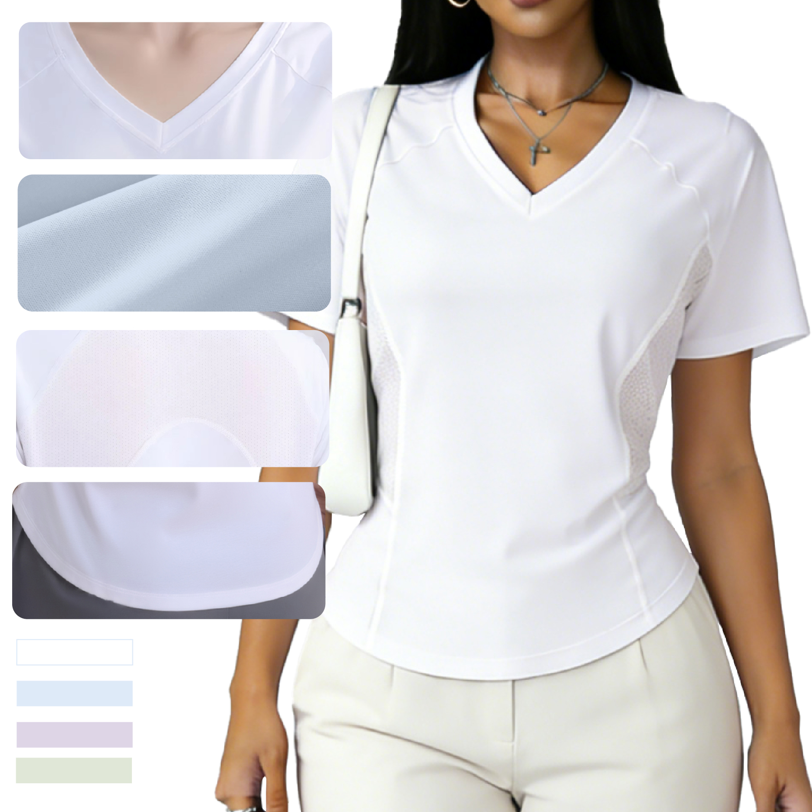 Women's Lightweight Summer Sports T-Shirt New Style Breathable V-neck Four-Way Stretch Short Sleeve Fitness Yoga Wear Front Mesh