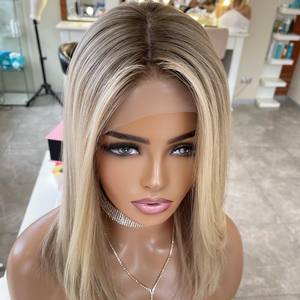 Peluca Bang sin pegamento <span class=keywords><strong>Rubio</strong></span> ceniza Color resaltado <span class=keywords><strong>Corto</strong></span> Marrón Raíz Bob 100% Cabello virgen ruso 4x4 Pelucas con cierre de encaje de seda para BLANCO - Product Image 5