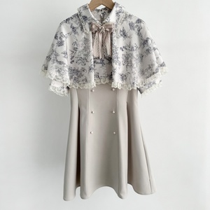 Ngọt Ngào Bow Tie Ren Lần Lượt Xuống Cổ Áo Ngắn Tay Áo Ăn Mặc Với Áo Choàng In Màu Sắc Tương Phản Chắp Vá Áo Choàng Ngắn Cho Phụ Nữ - Product Image 2