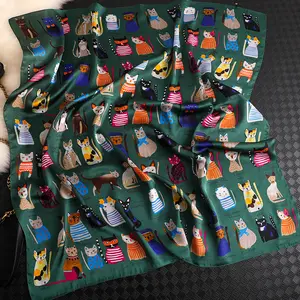 Square Silk Scarf Cat Hijab Scarves Print Ethicon Soie Animal for Women Summer Adult Jacquard Silk Satin Foulard Love Printed