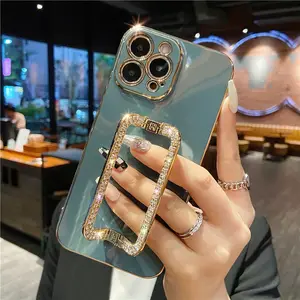 Korea 3D Crystal Square Holder Gold Plating Phone Case For iPhone 12 Pro Max ,For iPhone 13 pro Ultra Thiin Cover