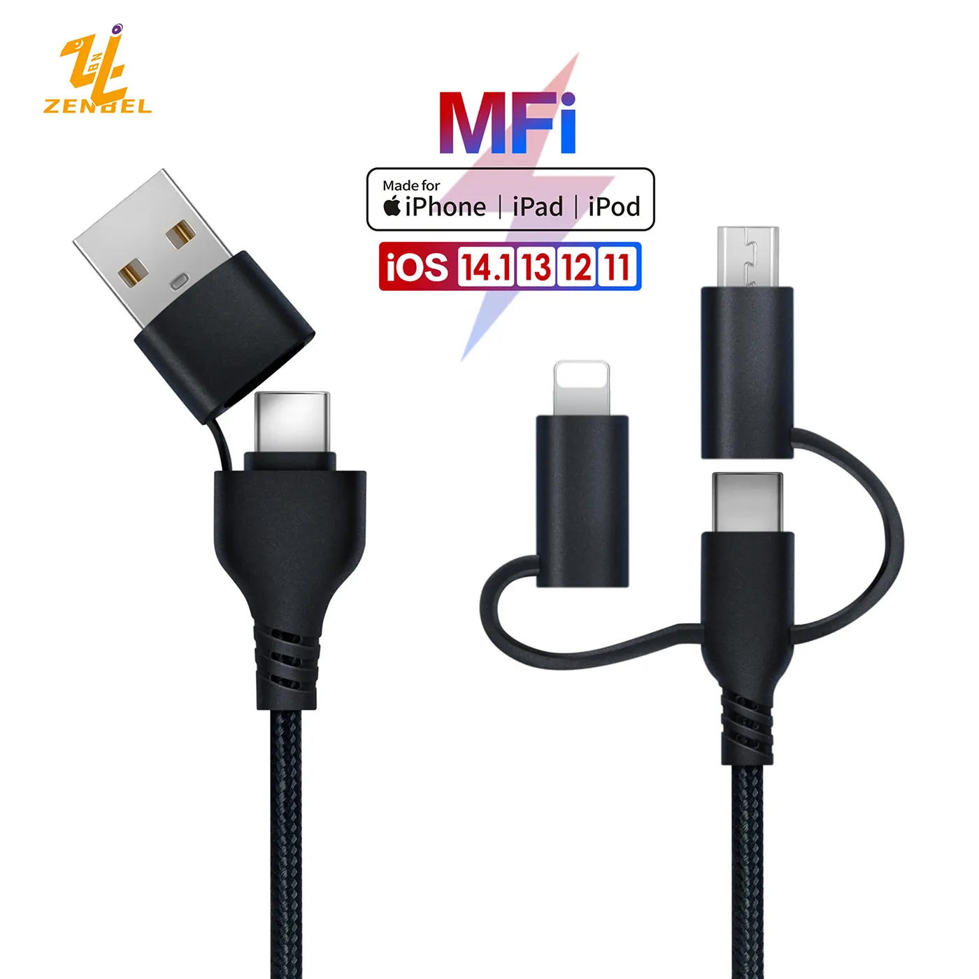 OEM ODM MFI Fast Charging 5 in 1 Cable For Samsung Android Usb Data Cables Type C Pure Copper Usb Type C Cable For iPhone