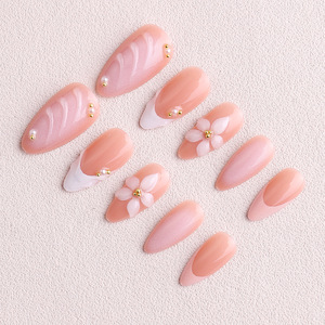 <span class=keywords><strong>Uñas</strong></span> postizas de alta calidad con diseño de almendra, <span class=keywords><strong>largas</strong></span>, con relieve floral, efecto de onda de agua tridimensional, <span class=keywords><strong>manicura</strong></span> <span class=keywords><strong>francesa</strong></span> sencilla. - Product Image 3