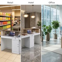 Comptoir de réception moderne en bois, écologique, durable, de haute qualité, pour usage commercial haut de gamme, idéal pour hôtels et salons.