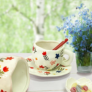 Nuage peinture tasse en céramique à <span class=keywords><strong>la</strong></span> main poterie tasse à thé avec soucoupe ensemble irrégulier bureau cruches d'eau mignon cadeau tasses - Product Image 1