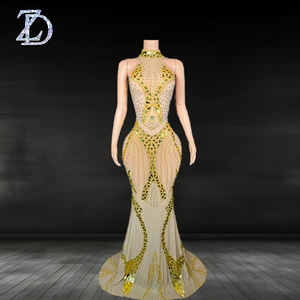 <span class=keywords><strong>Vestido</strong></span> Maxi Elegante y Sexy de Chifón con Pedrería y Hombros Descubiertos ZD - Dorado Brillante Transpirable para Fiestas, Banquetes y Cumpleaños - Product Image 1