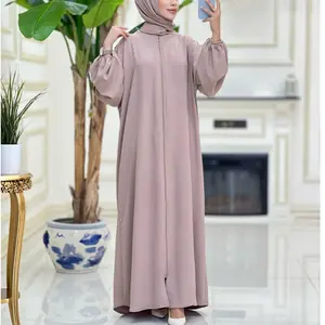 Middle East Dubai 2024 Solid Abaya Prayer Headband Robe Clothing Youth Fashion Elegant Round Neck Zipper Women's Long Dress