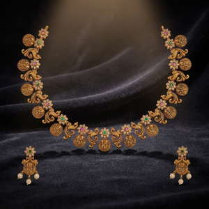 Antique Short <b>Necklace</b> 186400 Flower Design Bezel Set <b>Ruby</b> <b>Ruby</b>-Green Synthetic Zircon Stones Zinc Alloy Elegant Timeless Piece - Product Image 2