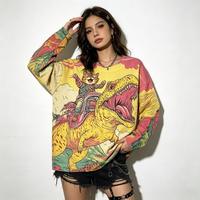 Suéter de punto acanalado con estampado de gato de dibujos animados montado en dinosaurio para mujer, cuello redondo informal, manga larga, estilo oversize, para uso diario, combina con todo.