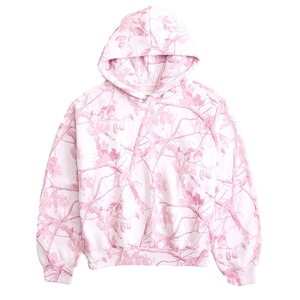 <b>Womens</b> Pink <b>White</b> Floral Branch Leaf Print Pullover <b>Hoodie</b> Drawstring Free Hood Long Sleeves Polyester Fleece Custom Casual Top - Product Image 1