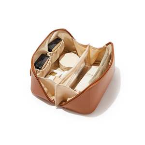 Sac de maquillage de voyage, trousse de toilette grande capacité pour femmes, en cuir PU imperméable, trousse de toilette portable à ouverture plate pour les soins de la peau - Product Image 1