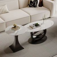 Table basse ovale Runwood Cream Wind Rock Slab pour salon et balcon, petite unité, avec structure métallique moderne, idéale pour les gîtes et les espaces commerciaux