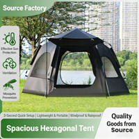 Tente hexagonale de camping en plein air noire, tente de camping familiale hexagonale automatique, tente hexagonale noire avec auvent