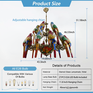 Lampe à Suspension Tiffany Vintage <span class=keywords><strong>Baroque</strong></span> Moderne Vitrail Perroquet Oiseau Inversé Église Hall Lustre Chambre <span class=keywords><strong>Plafonnier</strong></span> - Product Image 6
