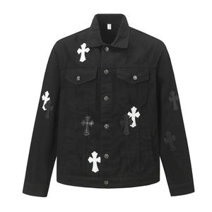High Quality Vintage Cross Design <b>Denim</b> Jacket Casual Patch Embroidery Button Fly Men's Heavyweight 100% Cotton Jeans <b>Coat</b> - Product Image 3