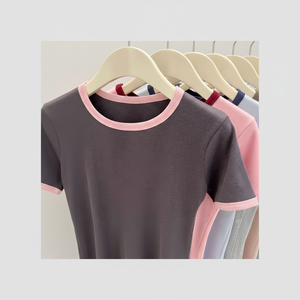 Camiseta Corta de Verano con Cuello en V, Estilo Informal, Ajustada, Manga Regular, Ribete en Contraste, Estampado, 100% Algodón, Gran Venta - Product Image 1