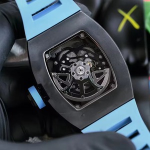 Trending Tonneau Men <b>Watch</b> <b>Skeleton</b> <b>Automatic</b> Mechanical Sport Wristwatch Matte Black Case Blue Strap - Product Image 1