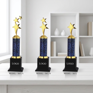 Trophée en métal moulé sous pression avec colonne à paillettes bleues, étoiles dorées, modèle 567, récompense sportive, base en acrylique portable et durable, gravée au laser - Product Image 1