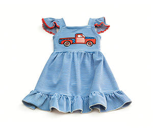 Vestido de Verano para Niña, Modelo GSD3627, Personalizado, Estampado de Flores Azules, Sin Mangas, Hasta la Rodilla, de Algodón y Elastano, Venta al por Mayor - Product Image 4