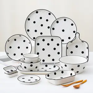 Modern Black & White Herben Style Stone Ware Type Ceramic Plates And Bowl For Home Dining Room Furniture Set Dinner Tableware