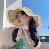 Chapeau de soleil pliable à large bord en paille de mer, brodé à la main, style coréen, pour femme, avec lacets, protection solaire