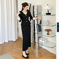 Ensemble 2 pièces vintage français élégant pour l'automne-hiver : haut ajusté à col en V perlé et jupe midi, grandes tailles