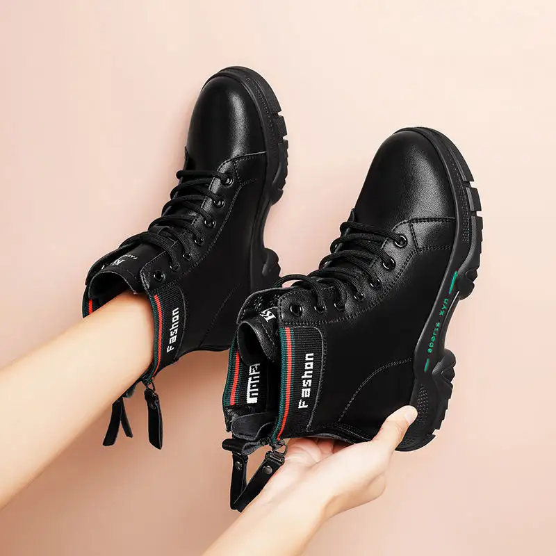 fashion PU upper ladies black high heel casual boot shoes women lace up sneakers