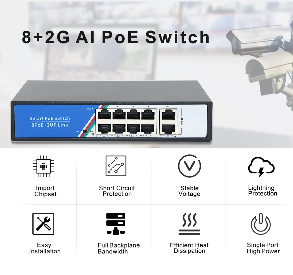 Ai 2-Up Link CCTV Camera 48V Active IEEE 802.3 PoE Passthrough Switch 8-Port 100M with VLAN Function Desktop Enclosure for PC