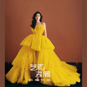 Halter Tulle Ball Gown Wedding Dress Yellow Natural Waistline Photography Studio Portrait Travel Wear - Product Image 1