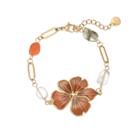 Bracelet de style rétro en acier inoxydable plaqué or 18 carats avec grand pendentif fleur émaillée et perles de pierre naturelle irrégulières
