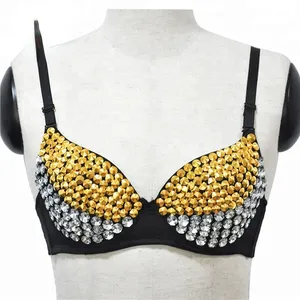 Woman Trendy Rock Punk Sexy Bra Studded With Gold Rivet White Crystal Diamond Gems For Club Party Outfit Beach Holiday