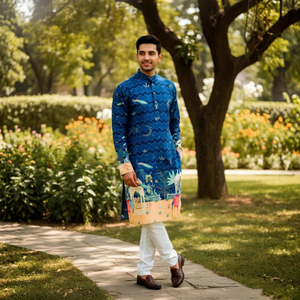 NiMa Creations Kurta de Algodón para Hombre, Estampado Digital Azul, Largo hasta la Rodilla, Corte Regular, Estilo Tradicional Indio-Pakistaní, Informal, para Fiestas - Product Image 1