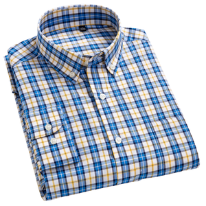 Venta caliente elegante a <span class=keywords><strong>cuadros</strong></span> <span class=keywords><strong>de</strong></span> manga larga <span class=keywords><strong>de</strong></span> talla grande <span class=keywords><strong>de</strong></span> alta calidad liso teñido 100% algodón camisas casuales para hombres - Product Image 1