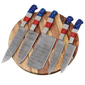 Ensemble de couteaux de chef professionnels en acier damas faits à la main, 5 pièces, couteau utilitaire de cuisine, rouleau de cuir personnalisé, meilleur prix - Product Image 1