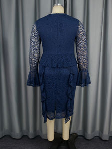 Seksi See Through Ruffles Bell uzun kollu dantel mavi parti kokteyl elbise - Product Image 6