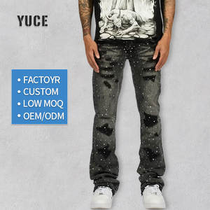 Jeans de Fabricante Personalizados, Mezclilla Negra, Corte Slim Recto, Decoración con Pedrería, Efecto Salpicado de Pintura, Dobladillo Desgastado, Estilo Urbano para Hombre - Product Image 2