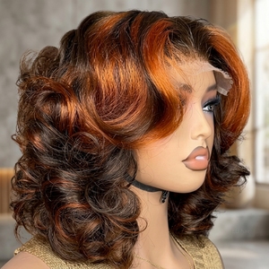 Pelucas de Cabello Natural 15A, Ombre Rubio, Corte Bob Corto, Pelucas de Cabello Humano sin Pegamento 4x4, Bob Rizado y Voluminoso Marrón, Pelucas con Frente de Encaje Transparente 13x4 - Product Image 2
