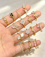 Cincin Terbuka Wanita Berlapis Emas Enamel Putih, Perhiasan Jari Bertumpuk Mutiara Zirkonia Kubik Berkilau