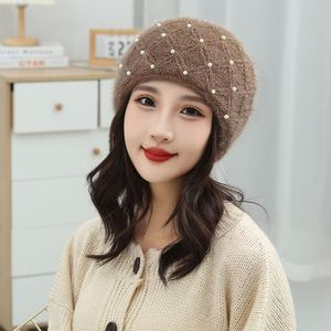 หมวกไหมพรมถักลายมุก หมวกเบเร่ต์อุ่นๆ สำหรับผู้หญิง สไตล์ลำลอง ฤดูใบไม้ร่วง ฤดูหนาว - Product Image 5