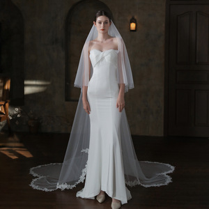 Velo de novia largo Simple Super Fairy Tail Flower Edge Doble máscara blanca Viaje DE BODA Sombreros DE BODA Velo de cola bordado - Product Image 2