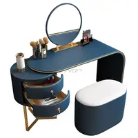 Modern makyaj masası ayna ve dışkı ile lüks deri paslanmaz çelik aynalı çekmeceli makyaj masası için kız